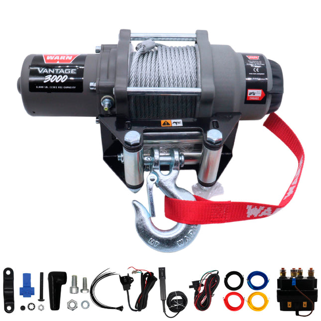 WARN Vantage 3000 12V DC ATV/UTV Winch - 3000 lb Pull Capacity, 50 Ft 3/16"  Wire Rope, Roller Fairlead, Fully Sealed Motor, 3-Stage Planetary, Handlebar Mini Rocker & Corded Remote (108213)