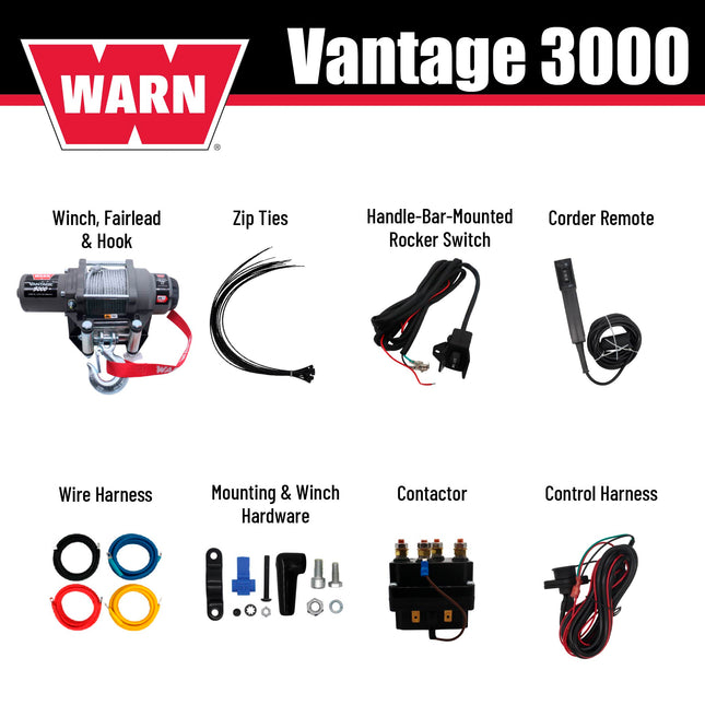 WARN Vantage 3000 12V DC ATV/UTV Winch - 3000 lb Pull Capacity, 50 Ft 3/16"  Wire Rope, Roller Fairlead, Fully Sealed Motor, 3-Stage Planetary, Handlebar Mini Rocker & Corded Remote (108213)
