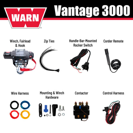 WARN Vantage 3000 12V DC ATV/UTV Winch - 3000 lb Pull Capacity, 50 Ft 3/16"  Wire Rope, Roller Fairlead, Fully Sealed Motor, 3-Stage Planetary, Handlebar Mini Rocker & Corded Remote (108213)