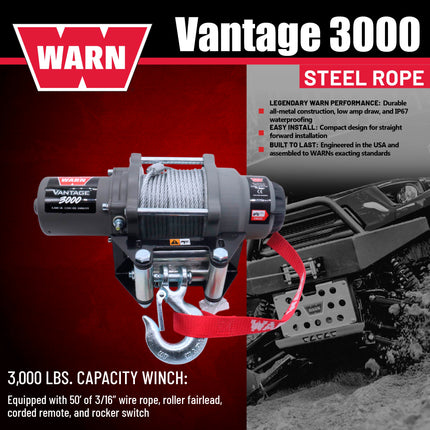 WARN Vantage 3000 12V DC ATV/UTV Winch - 3000 lb Pull Capacity, 50 Ft 3/16"  Wire Rope, Roller Fairlead, Fully Sealed Motor, 3-Stage Planetary, Handlebar Mini Rocker & Corded Remote (108213)