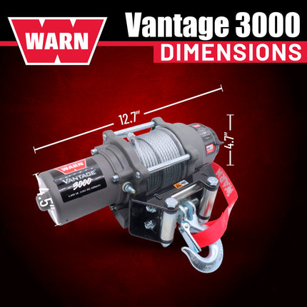 WARN Vantage 3000 12V DC ATV/UTV Winch - 3000 lb Pull Capacity, 50 Ft 3/16"  Wire Rope, Roller Fairlead, Fully Sealed Motor, 3-Stage Planetary, Handlebar Mini Rocker & Corded Remote (108213)