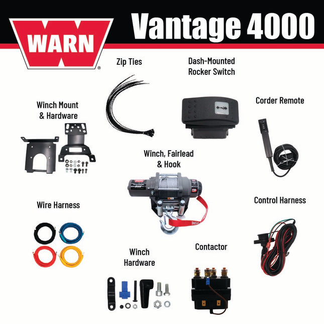 WARN Vantage 4000 Winch & Mount Kit(108214 92332)for 2014-2025 Polaris RZR XP 1000, RZR 900, General 1000 Models - Bolt-On Black Powder-Coated Steel Plate Compatible with Pro Vantage & Vantage Winches