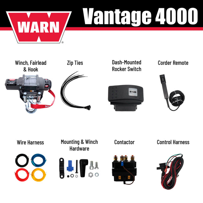 WARN Vantage 4000 12V DC Electric Winch for ATV UTV Side-by-Side - 4000 lb Pull Capacity, 55 Ft 7/32" Steel Wire Rope, Roller Fairlead, Fully Sealed, 3-Stage Planetary, Wired Remote (108214)