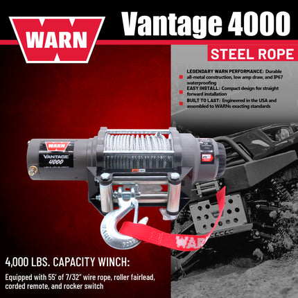 WARN Vantage 4000 12V DC Electric Winch for ATV UTV Side-by-Side - 4000 lb Pull Capacity, 55 Ft 7/32" Steel Wire Rope, Roller Fairlead, Fully Sealed, 3-Stage Planetary, Wired Remote (108214)