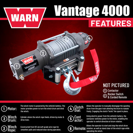 WARN Vantage 4000 12V DC Electric Winch for ATV UTV Side-by-Side - 4000 lb Pull Capacity, 55 Ft 7/32" Steel Wire Rope, Roller Fairlead, Fully Sealed, 3-Stage Planetary, Wired Remote (108214)