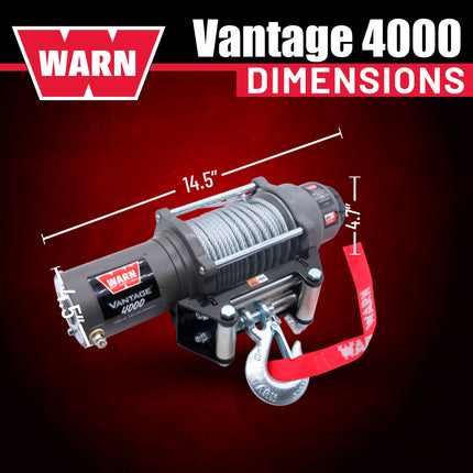 WARN Vantage 4000 12V DC Electric Winch for ATV UTV Side-by-Side - 4000 lb Pull Capacity, 55 Ft 7/32" Steel Wire Rope, Roller Fairlead, Fully Sealed, 3-Stage Planetary, Wired Remote (108214)