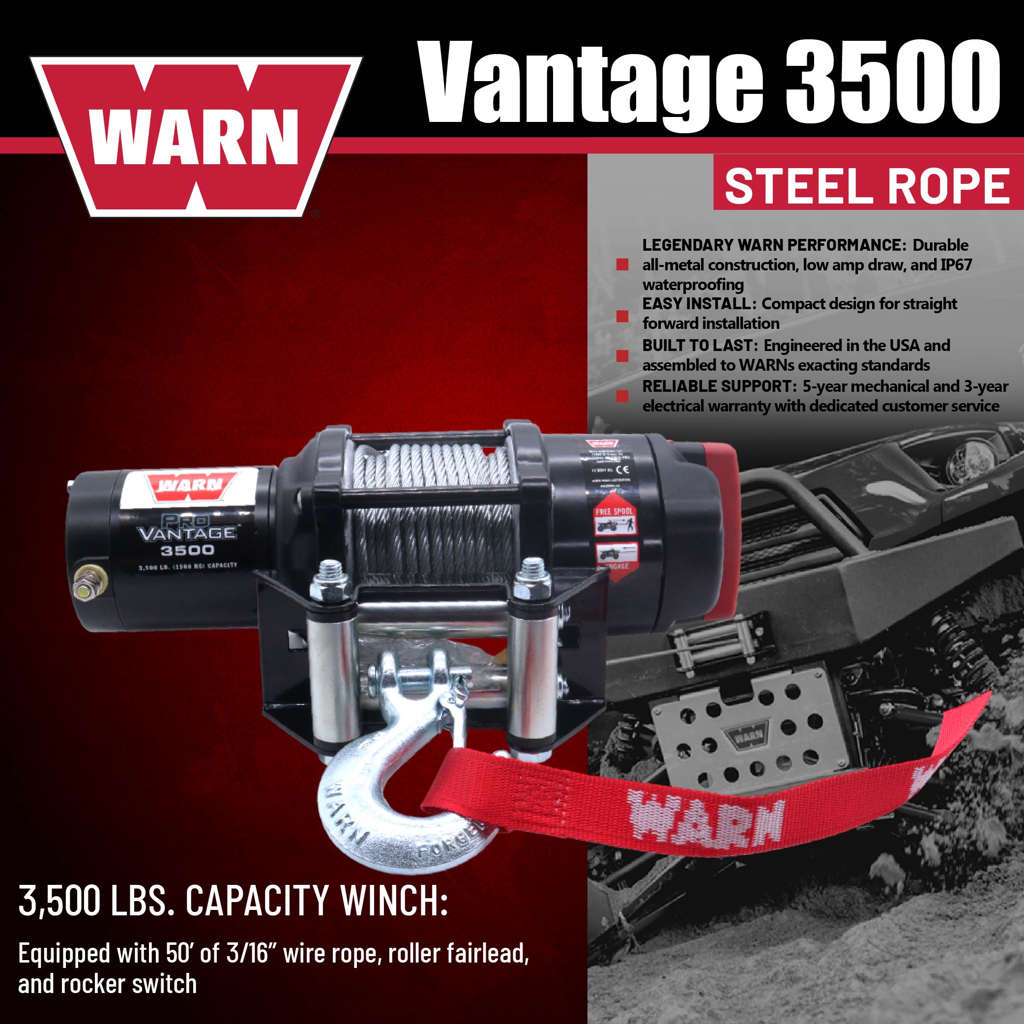 WARN ProVantage 3500 12V Electric Winch for ATV UTV Side-by-Side - 3500 lb Pulling Capacity, 50 Ft Steel Wire Cable, Roller Fairlead, Fully Weather-Sealed, Planetary Gear, Remote (108216)