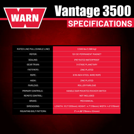 WARN ProVantage 3500 12V Electric Winch for ATV UTV Side-by-Side - 3500 lb Pulling Capacity, 50 Ft Steel Wire Cable, Roller Fairlead, Fully Weather-Sealed, Planetary Gear, Remote (108216)