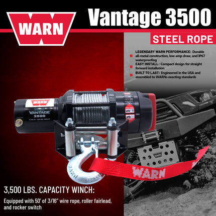 WARN ProVantage 3500 12V Electric Winch for ATV UTV Side-by-Side - 3500 lb Pulling Capacity, 50 Ft Steel Wire Cable, Roller Fairlead, Fully Weather-Sealed, Planetary Gear, Remote (108216)