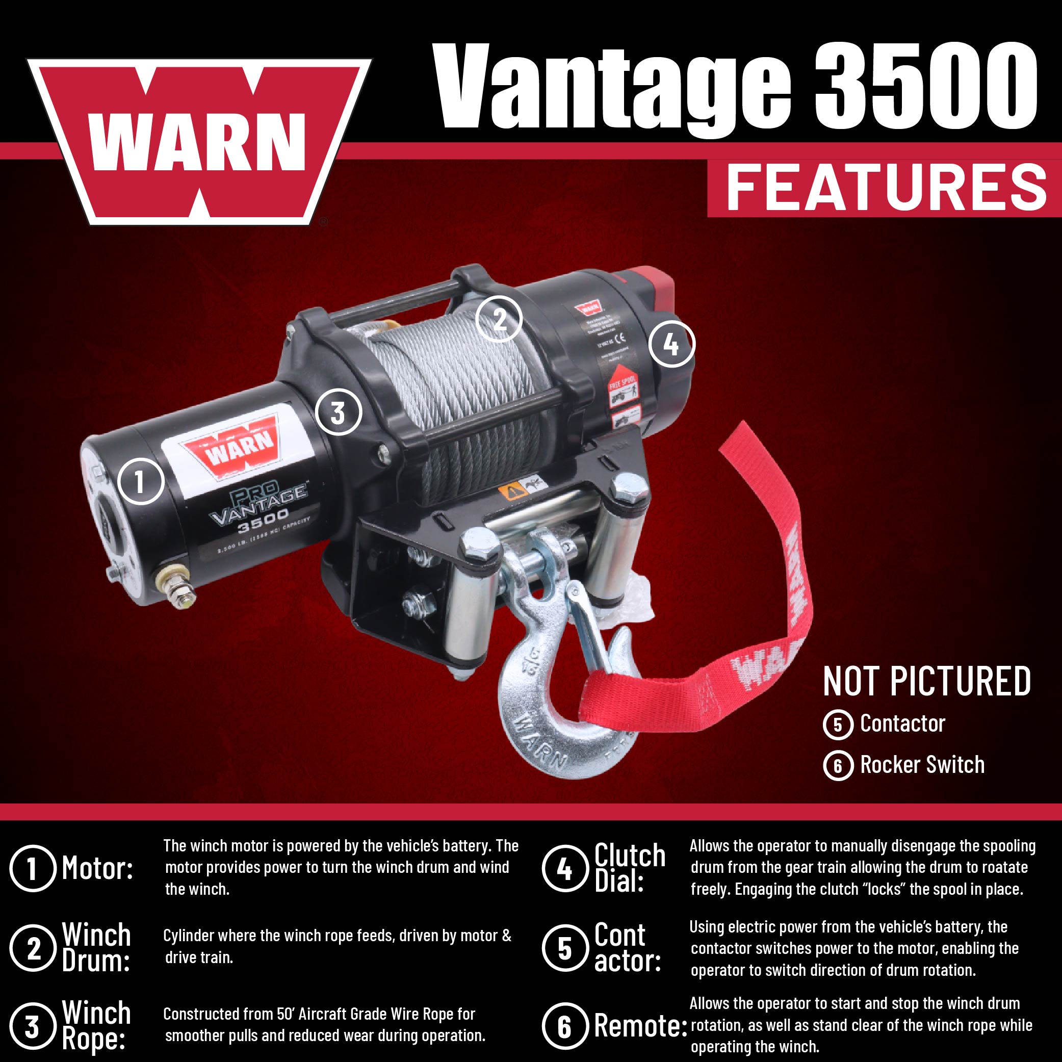 WARN ProVantage 3500 12V Electric Winch for ATV UTV Side-by-Side - 3500 lb Pulling Capacity, 50 Ft Steel Wire Cable, Roller Fairlead, Fully Weather-Sealed, Planetary Gear, Remote (108216)