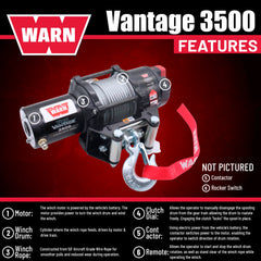 WARN ProVantage 3500 12V Electric Winch for ATV UTV Side-by-Side - 3500 lb Pulling Capacity, 50 Ft Steel Wire Cable, Roller Fairlead, Fully Weather-Sealed, Planetary Gear, Remote (108216)