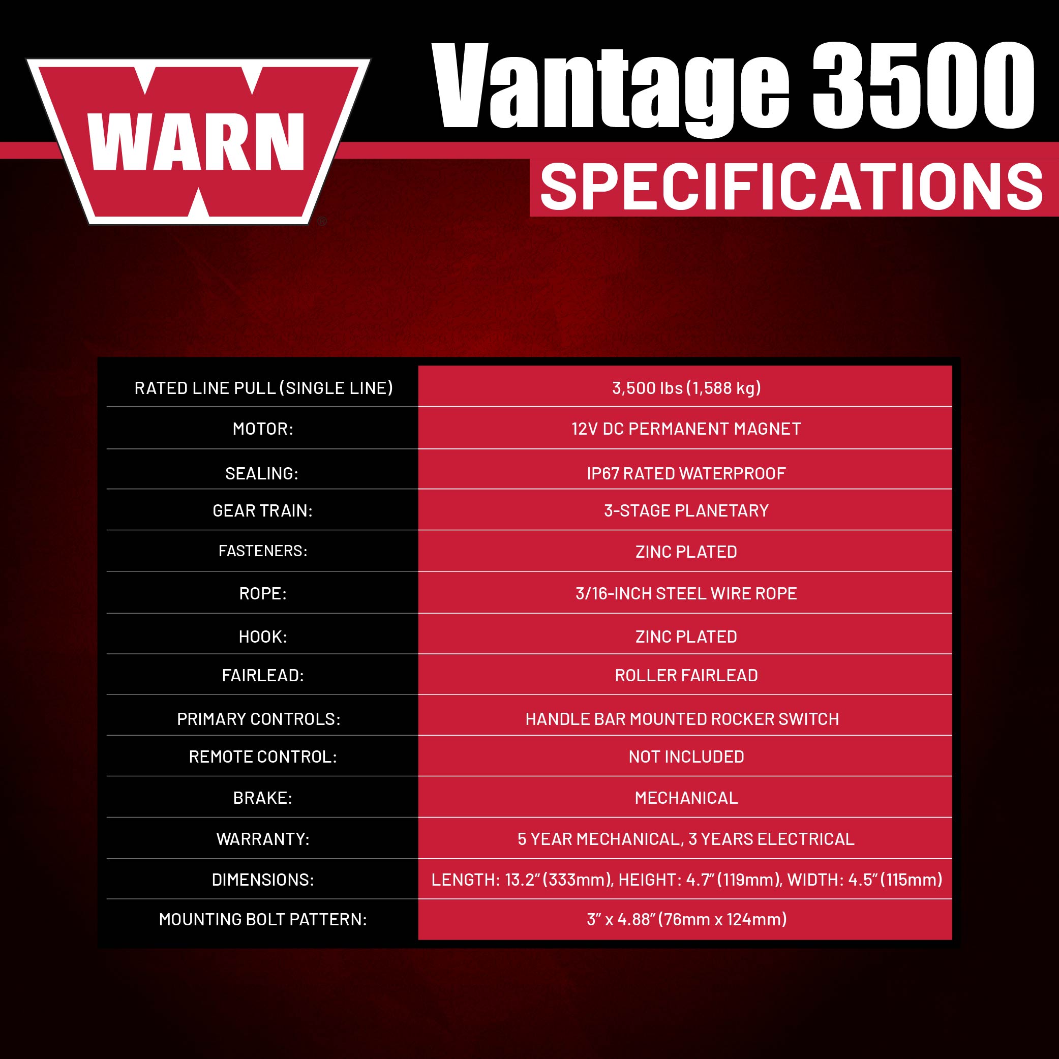 WARN ProVantage 3500 12V Electric Winch for ATV UTV Side-by-Side - 3500 lb Pulling Capacity, 50 Ft Steel Wire Cable, Roller Fairlead, Fully Weather-Sealed, Planetary Gear, Remote (108216)