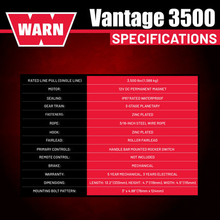 WARN ProVantage 3500 12V Electric Winch for ATV UTV Side-by-Side - 3500 lb Pulling Capacity, 50 Ft Steel Wire Cable, Roller Fairlead, Fully Weather-Sealed, Planetary Gear, Remote (108216)