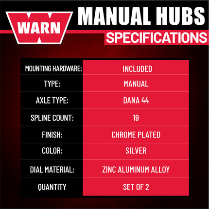 WARN 20990 Premium Manual Locking Hubs – 19‑Spline, Heavy‑Duty Manual 4WD Hubs with Mounting Hardware, Set of 2 for Reliable Off‑Road and Work Use