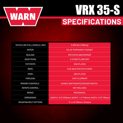WARN VRX 35-S Powersport Winch – 3,500 lb Pulling Capacity, Synthetic Rope, Sealed Motor, All-Metal Gear Train, IP68 Waterproof Design for ATV/UTV Recovery, Trail Riding & Utility Work