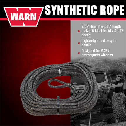 WARN 78388 Replacement Synthetic Winch Cable Rope-7/32" DiameterX50' Length  Lightweight, High‑Strength Synthetic Line  Compatible with WARN Powersports Winches  Durable, Easy‑Handling Recovery Rope