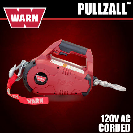 WARN 885001 PullzAll Corded 120V AC Portable Electric Winch with Steel Cable and Swiveling Anchor Hook for hoisting an engine block: 1,000 lb (1/2 Ton) Pulling Capacity, Variable Speed Control, Red