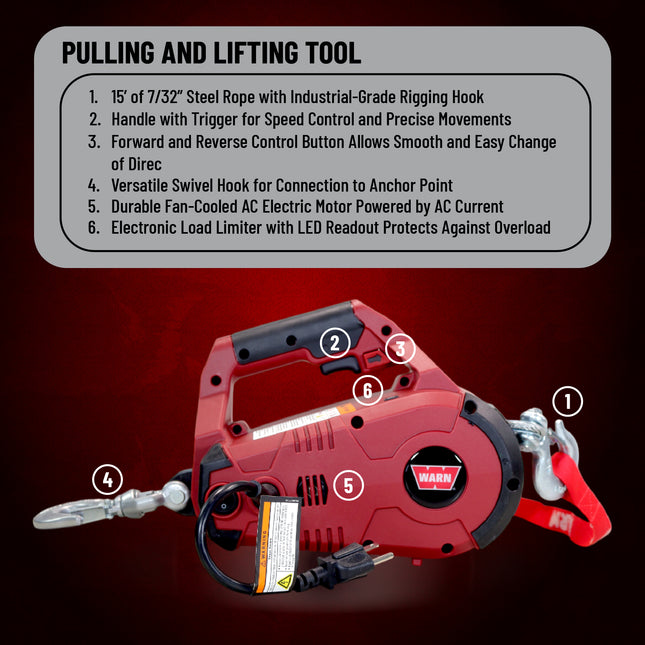 WARN 885001 PullzAll Corded 120V AC Portable Electric Winch with Steel Cable and Swiveling Anchor Hook for hoisting an engine block: 1,000 lb (1/2 Ton) Pulling Capacity, Variable Speed Control, Red