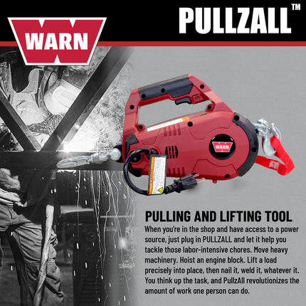 WARN 885001 PullzAll Corded 120V AC Portable Electric Winch with Steel Cable and Swiveling Anchor Hook for hoisting an engine block: 1,000 lb (1/2 Ton) Pulling Capacity, Variable Speed Control, Red