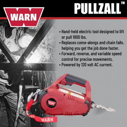 WARN 885001 PullzAll Corded 120V AC Portable Electric Winch with Steel Cable and Swiveling Anchor Hook for hoisting an engine block: 1,000 lb (1/2 Ton) Pulling Capacity, Variable Speed Control, Red