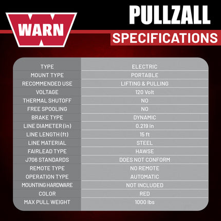 WARN 885001 PullzAll Corded 120V AC Portable Electric Winch with Steel Cable and Swiveling Anchor Hook for hoisting an engine block: 1,000 lb (1/2 Ton) Pulling Capacity, Variable Speed Control, Red