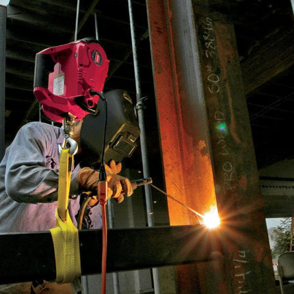 WARN 885001 PullzAll Corded 120V AC Portable Electric Winch with Steel Cable and Swiveling Anchor Hook for hoisting an engine block: 1,000 lb (1/2 Ton) Pulling Capacity, Variable Speed Control, Red