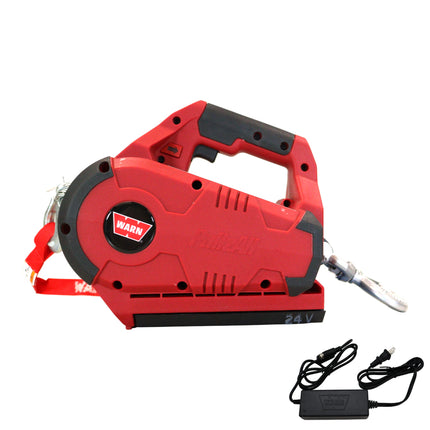 WARN 885030 PullzAll Cordless 24V DC Portable Electric Winch with Steel Cable and 1 Rechargeable Battery Pack: 1/2 Ton (1,000 lb) Lifting/Pulling Capacity, Variable Speed, Red