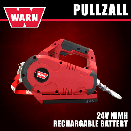WARN 885030 PullzAll Cordless 24V DC Portable Electric Winch with Steel Cable and 1 Rechargeable Battery Pack: 1/2 Ton (1,000 lb) Lifting/Pulling Capacity, Variable Speed, Red