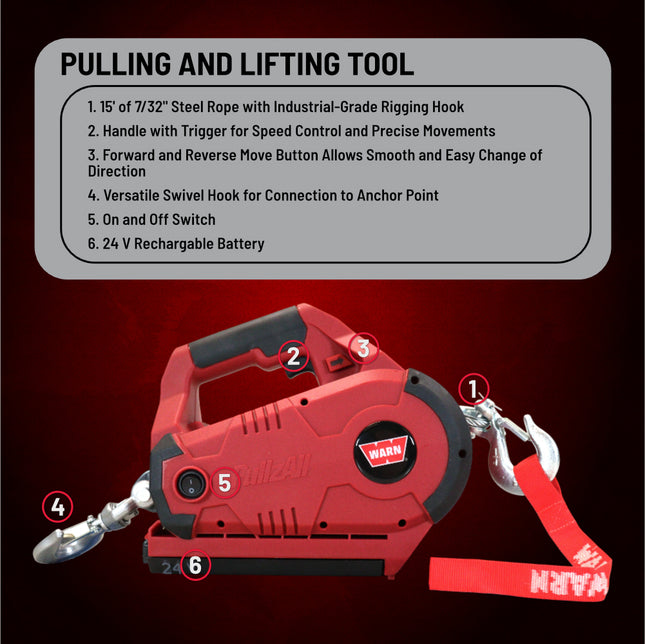 WARN 885030 PullzAll Cordless 24V DC Portable Electric Winch with Steel Cable and 1 Rechargeable Battery Pack: 1/2 Ton (1,000 lb) Lifting/Pulling Capacity, Variable Speed, Red