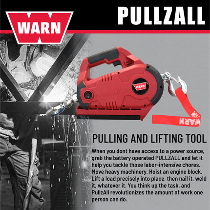 WARN 885030 PullzAll Cordless 24V DC Portable Electric Winch with Steel Cable and 1 Rechargeable Battery Pack: 1/2 Ton (1,000 lb) Lifting/Pulling Capacity, Variable Speed, Red