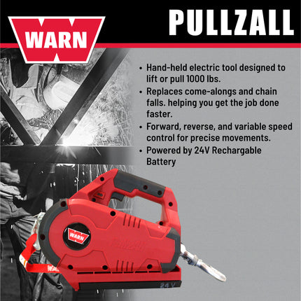 WARN 885030 PullzAll Cordless 24V DC Portable Electric Winch with Steel Cable and 1 Rechargeable Battery Pack: 1/2 Ton (1,000 lb) Lifting/Pulling Capacity, Variable Speed, Red
