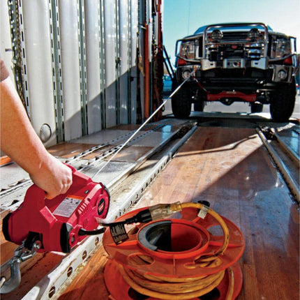 WARN 885030 PullzAll Cordless 24V DC Portable Electric Winch with Steel Cable and 1 Rechargeable Battery Pack: 1/2 Ton (1,000 lb) Lifting/Pulling Capacity, Variable Speed, Red