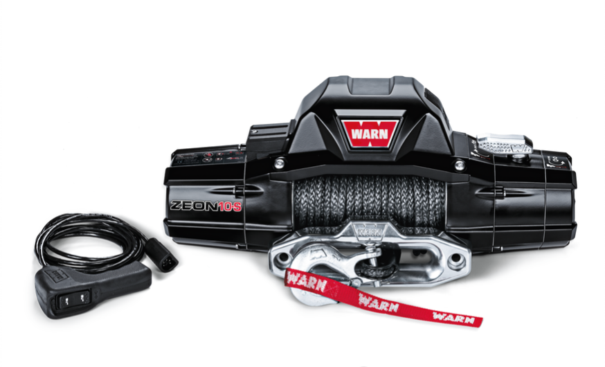 Warn ZEON 10-S 12V Electric Utility Winch - 10,000 lb Capacity, 100 ft 3/8 in Spydura Synthetic Rope, Polished Aluminum Hawse, Wired Remote, Durable Housing for Trucks SUVs Jeeps Off-Road - 89611