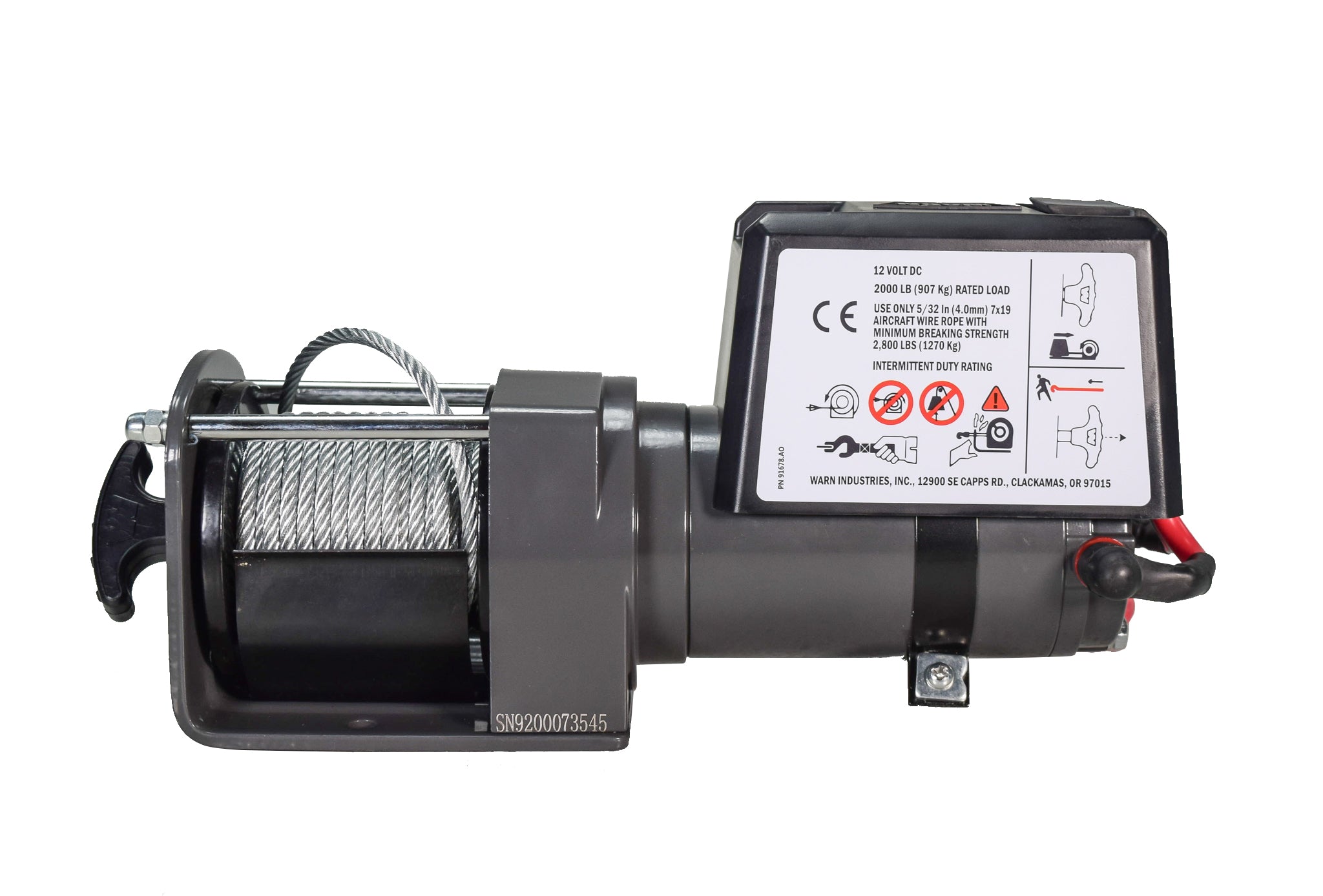 Warn 92000 2000 DC 12V Electric Utility Winch with Steel Cable
