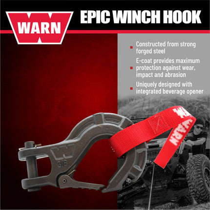 WARN 92090 Epic Series Premium 3/8" Steel Winch Hook: 12,000 lb (6 Ton) Capacity, Forged Steel with E-Coat Finish for Maximum Protection, Integrated Beverage Opener, Black