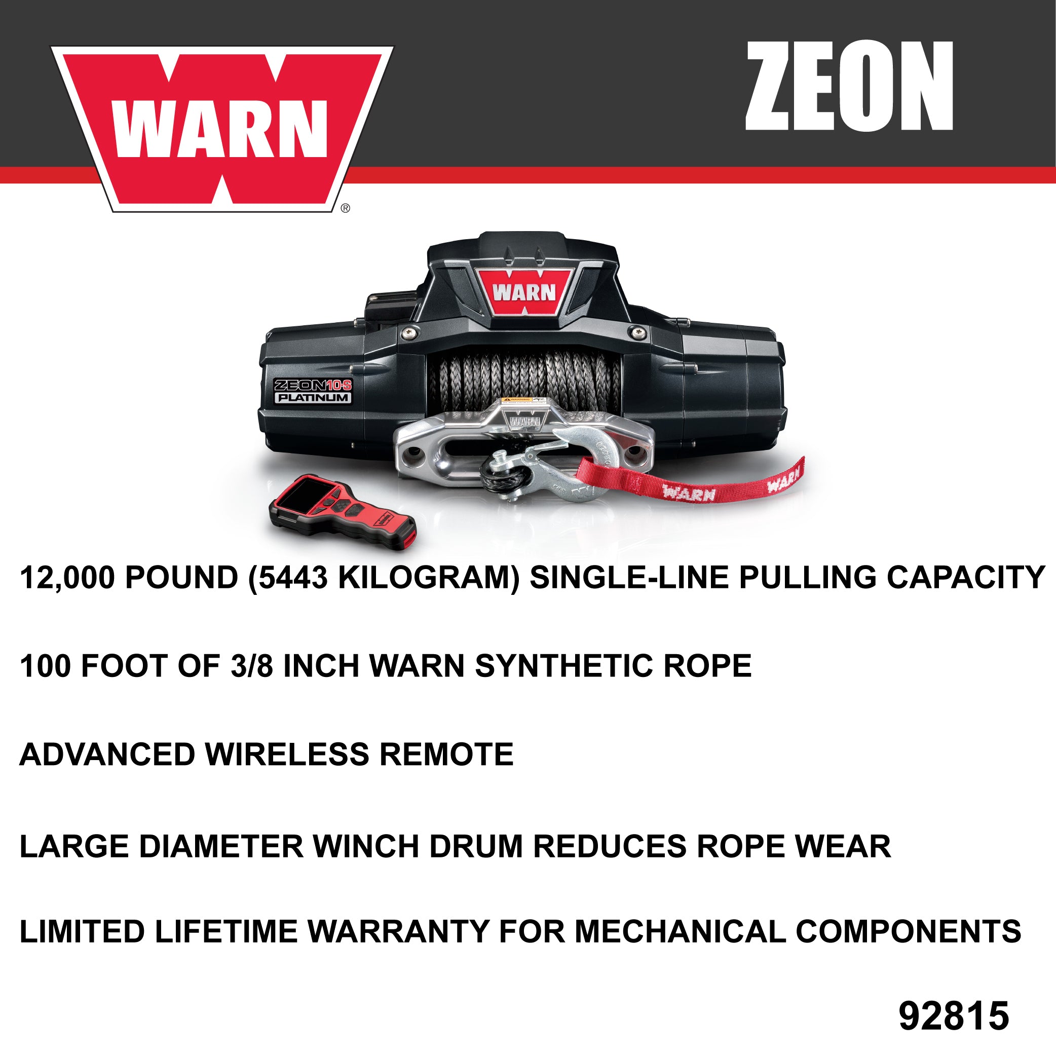 WARN ZEON 10-S Platinum 12V Winch - 10000 lb Capacity, 100ft Spydura Synthetic Rope, Hawse Fairlead, Advanced Wireless Remote, IP68 Waterproof, Heavy Duty for Trucks, Jeeps, SUVs & Off-Road (92815)