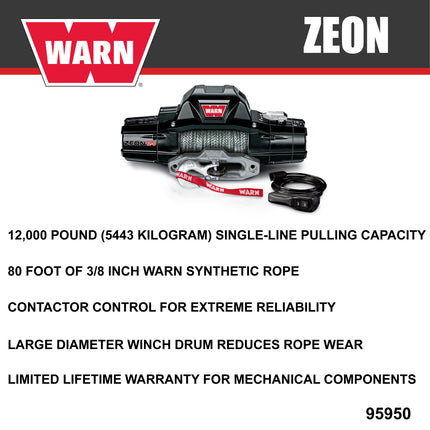 WARN ZEON 12-S 12V Winch - 12000 lb Capacity, 80ft Spydura Pro Synthetic Rope, Hawse Fairlead, Wireless Remote, IP68 Waterproof, Heavy Duty for Trucks, Jeeps, SUVs & Off-Road (95950)