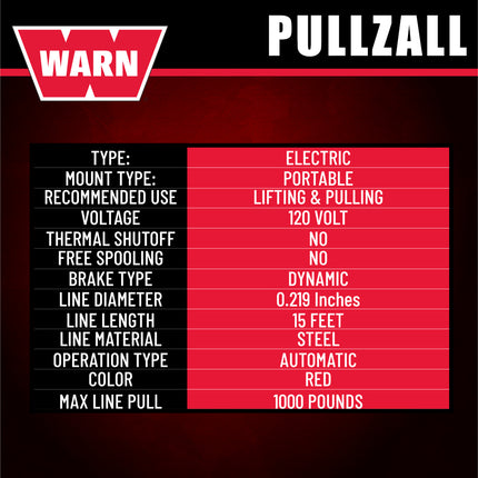 WARN 885000 PullzAll Corded 120V AC Portable Electric Winch with Steel Cable: 1/2 Ton (1,000 lb) Pulling Capacity, Variable Speed Trigger, Red