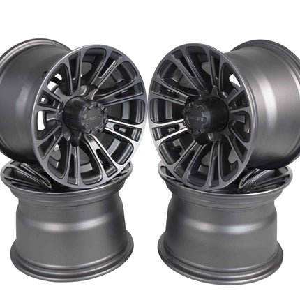MASSFX QUAKE 10x7 Golf Cart Wheels 4/101.6 Bolt Pattern Gun Metal Rim 4 Pack