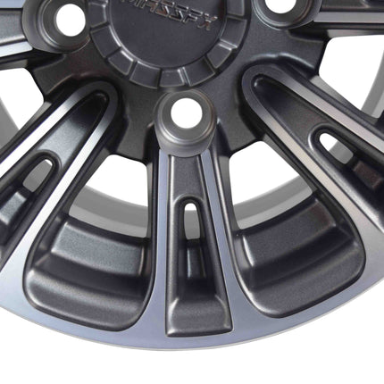 MASSFX QUAKE 10x7 Golf Cart Wheels 4/101.6 Bolt Pattern Gun Metal Rim 4 Pack