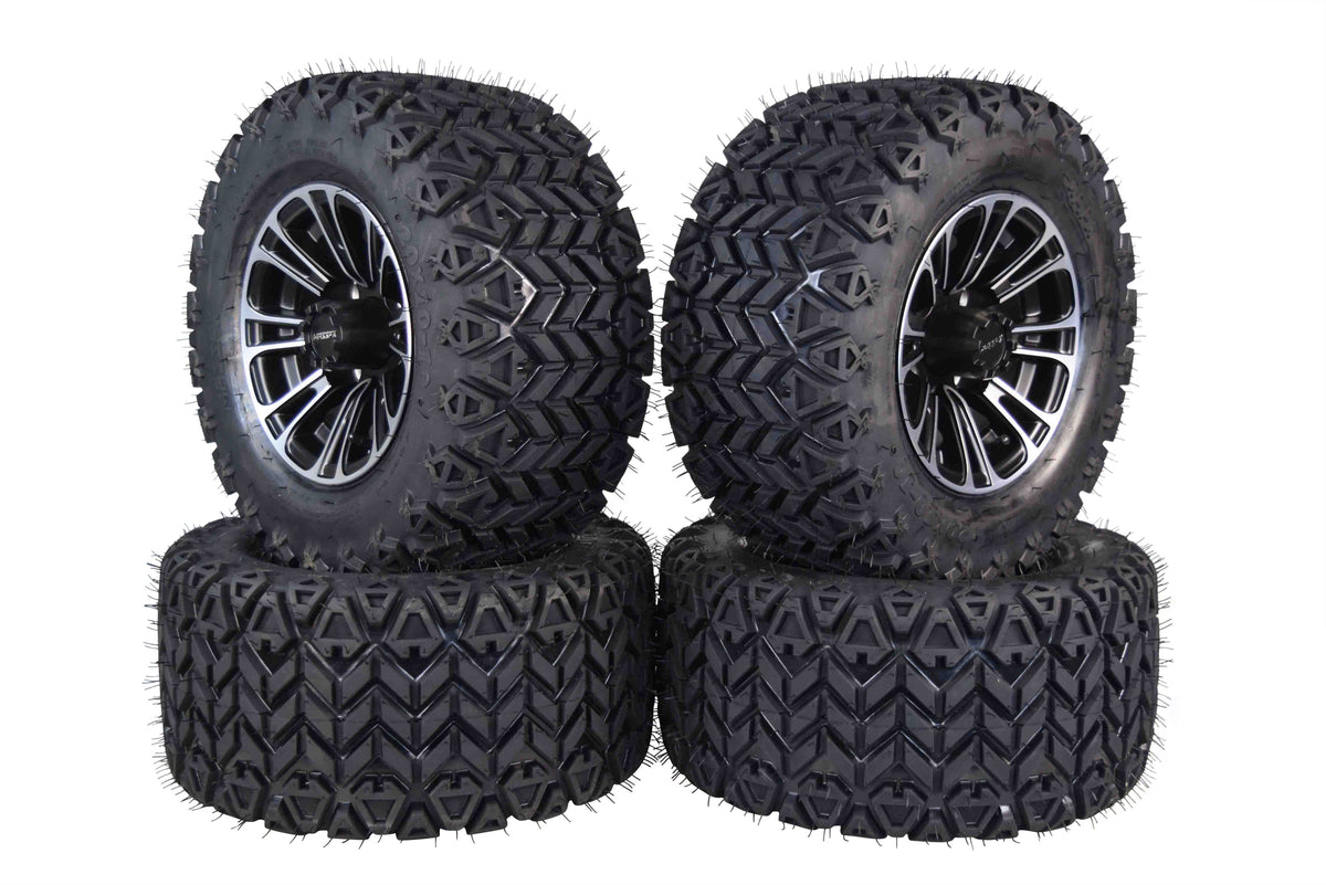 MASSFX SL 20x10-10 F/R Golf Cart Tire, QUAKE Black Wheels 10x7 4/101.6 4pk