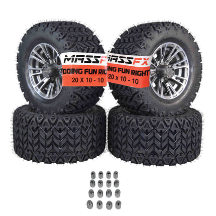 MASSFX SL 20x10-10 F/R Golf Cart, QUAKE 4 Gry Wheels 10x7 4/101.6 & 16 Chr Lugs
