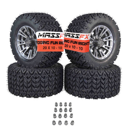 MASSFX SL 20x10-10 F/R Golf Cart, QUAKE 4 Gry Wheels 10x7 4/101.6 & 16 Chr Lugs