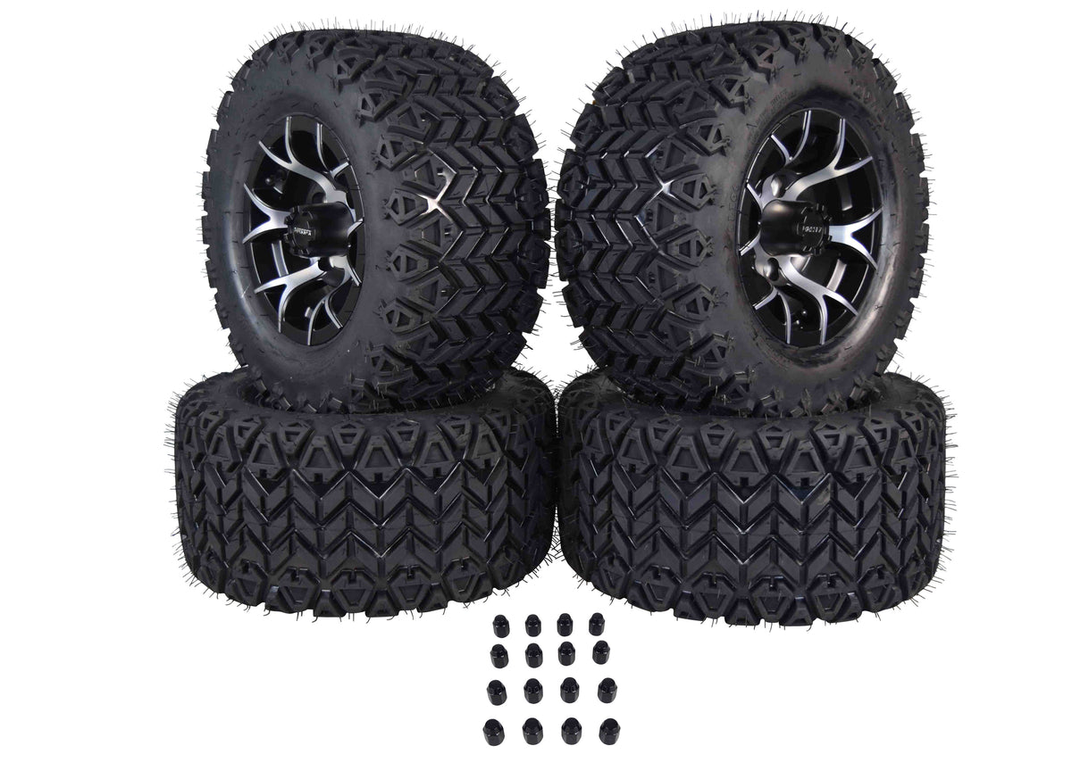 MASSFX SL 20x10-10 F/R Golf Cart, VIPER 4 Blk Wheels 10x7 4/101.6 & 16 Blk Lugs