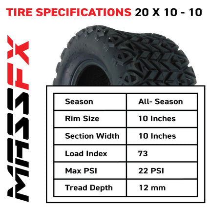 MASSFX SL 20x10-10 F/R Golf Cart, VIPER 4 Blk Wheels 10x7 4/101.6 & 16 Blk Lugs