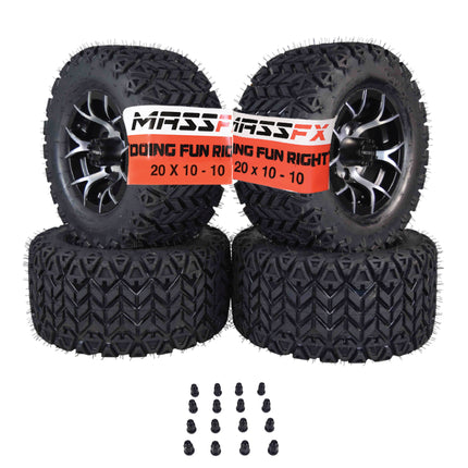 MASSFX SL 20x10-10 F/R Golf Cart, VIPER 4 Blk Wheels 10x7 4/101.6 & 16 Blk Lugs