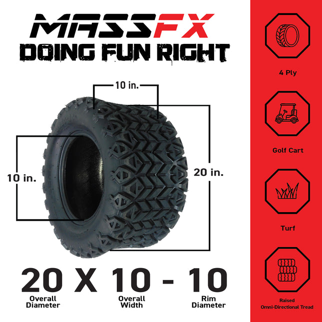 MASSFX SL 20x10-10 F/R Golf Cart Tire, PIT VIPER Black Wheels10x7 4/101.6 4pk