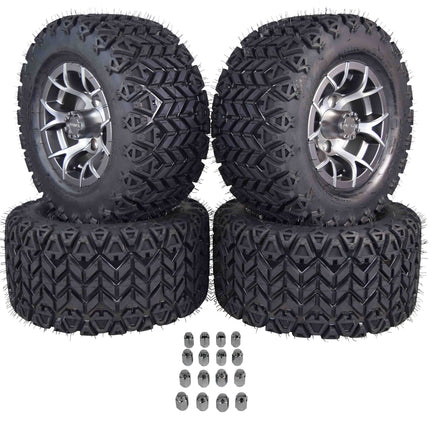 MASSFX SL 20x10-10 F/R Golf Cart, VIPER 4 GRY Wheels 10x7 4/101.6 & 16 Chr Lugs