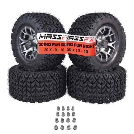 MASSFX SL 20x10-10 F/R Golf Cart, VIPER 4 GRY Wheels 10x7 4/101.6 & 16 Chr Lugs