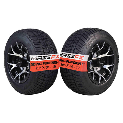 MASSFX SL 205/50-10 F/R Golf Cart Tire, PIT VIPER Black Wheels 10x7 4/101.6 2pk